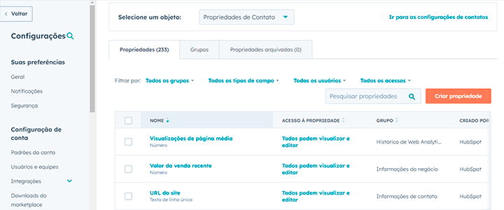 Propriedades disponíveis HubSpot