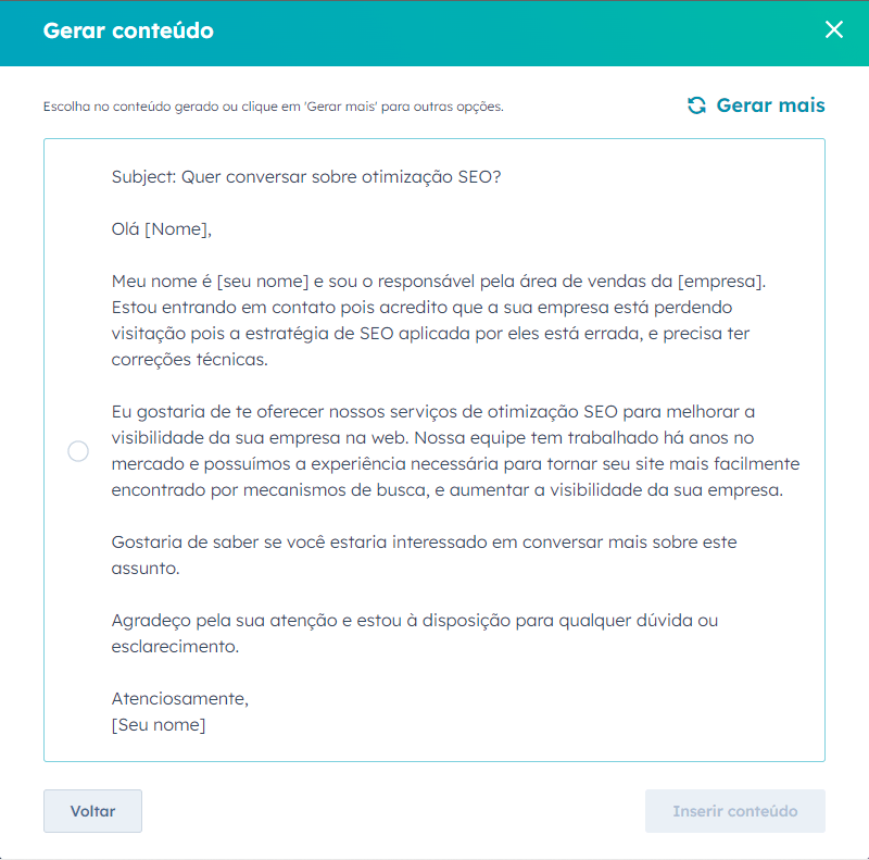 E-mail comercial desenvolvido pelo gerenciador de conteúdo da HubSpot