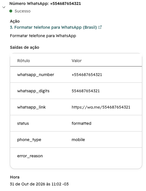 Histórico do workflow na HubSpot mostrando o número formatado no padrão do WhatsApp e as saídas da ação