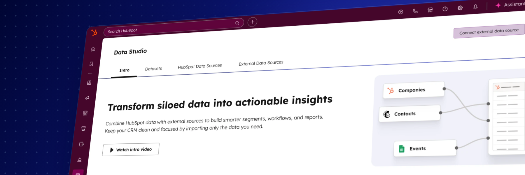 Tela do Data Studio no Data Hub da HubSpot, que combina empresas, contatos e eventos de várias fontes numa só base
