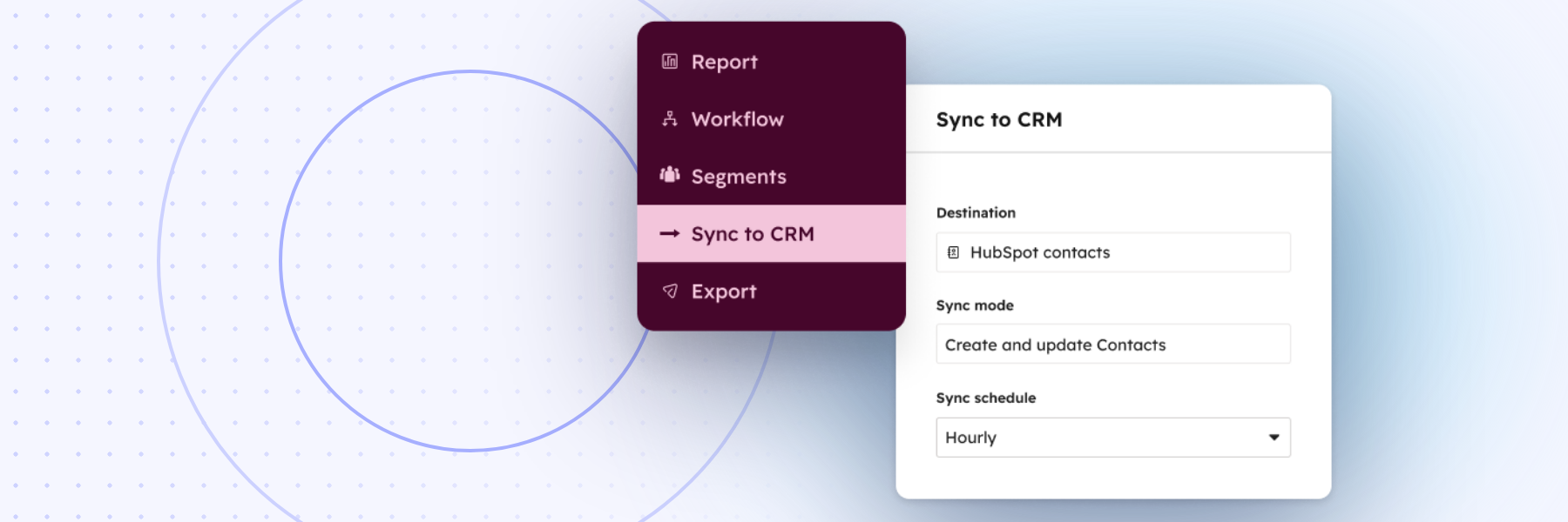 Configuração de sincronização do Data Hub enviando dados para os contatos do HubSpot, com atualização a cada hora