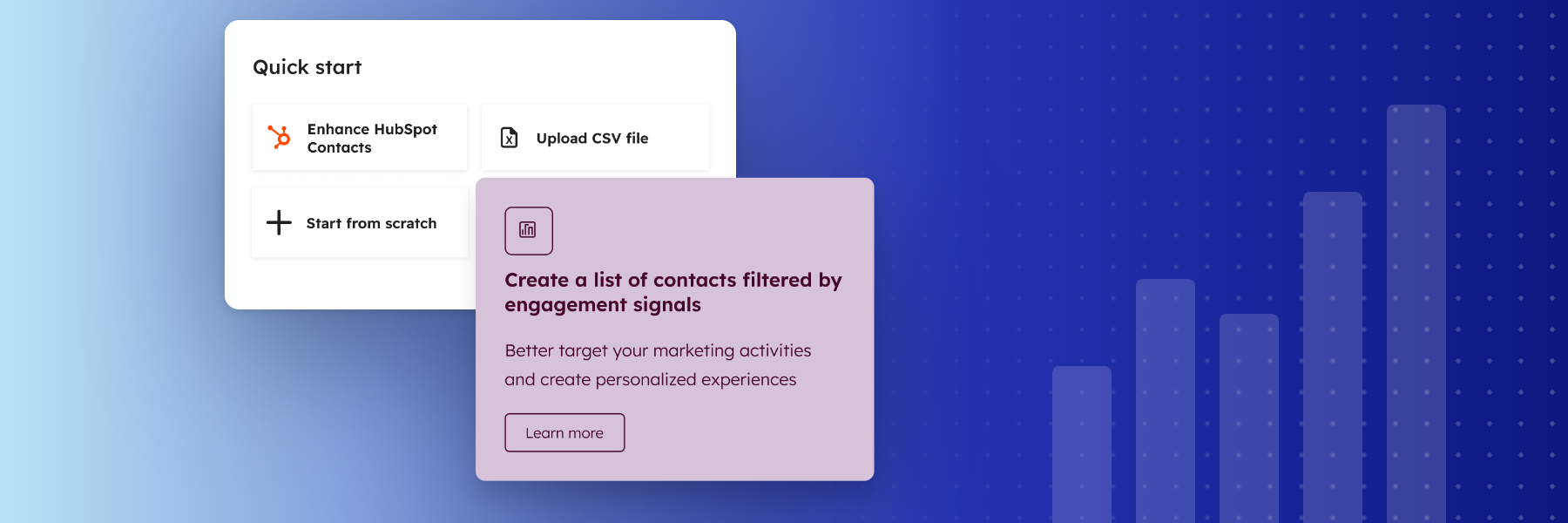 Início rápido do Data Studio com opções para enriquecer contatos, importar CSV e criar listas por sinais de engajamento