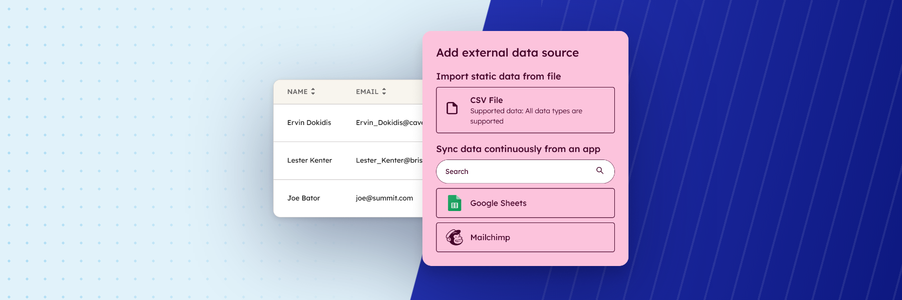 Tela do Data Hub para adicionar uma fonte de dados externa por arquivo CSV ou por sincronização com Google Sheets e Mailchimp