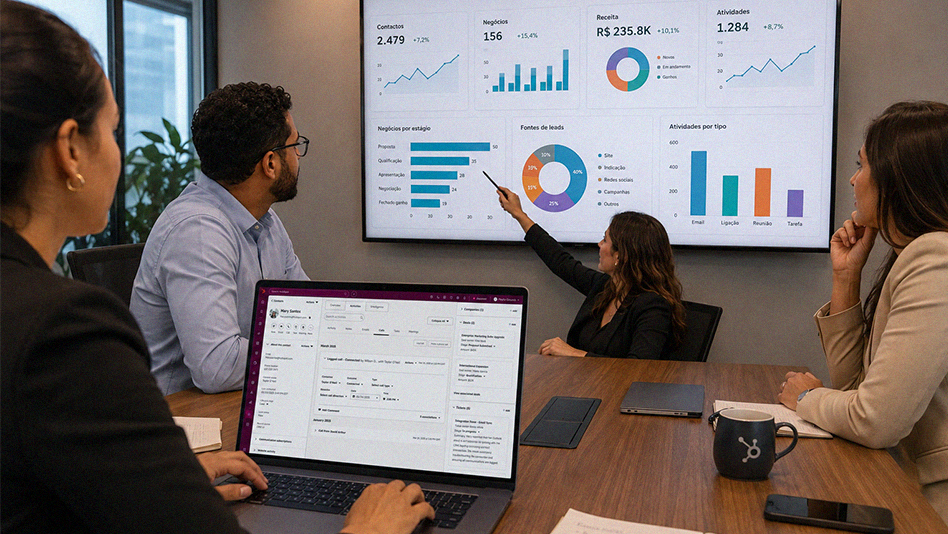 Imagem de pessoas em uma sala de reuniões analisando dados do HubSpot