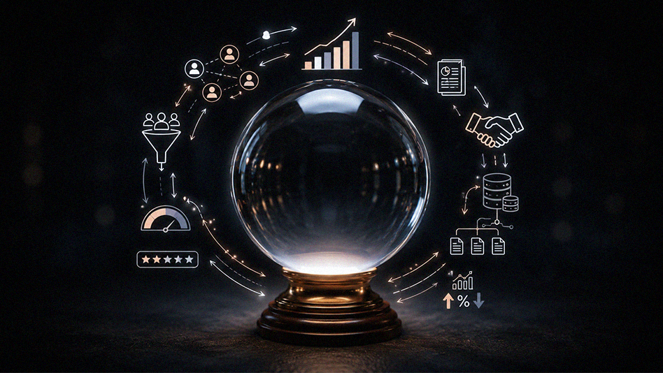 Uma ilustração de uma bola de cristal com elementos de gráfico de receita, pipeline, negociações, indicadores, CRM ao redor. 