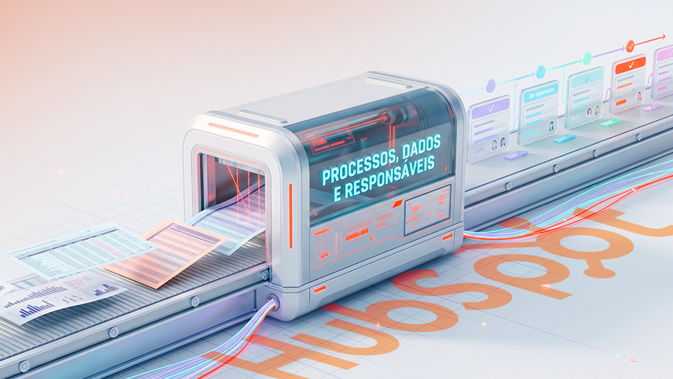 Ilustração de documentos passando por uma esteira de organização do HubSpot e saindo organizados.