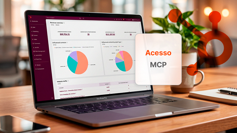 Imagem de um notebook aberto mostrando gráficos e um painel HubSpot 